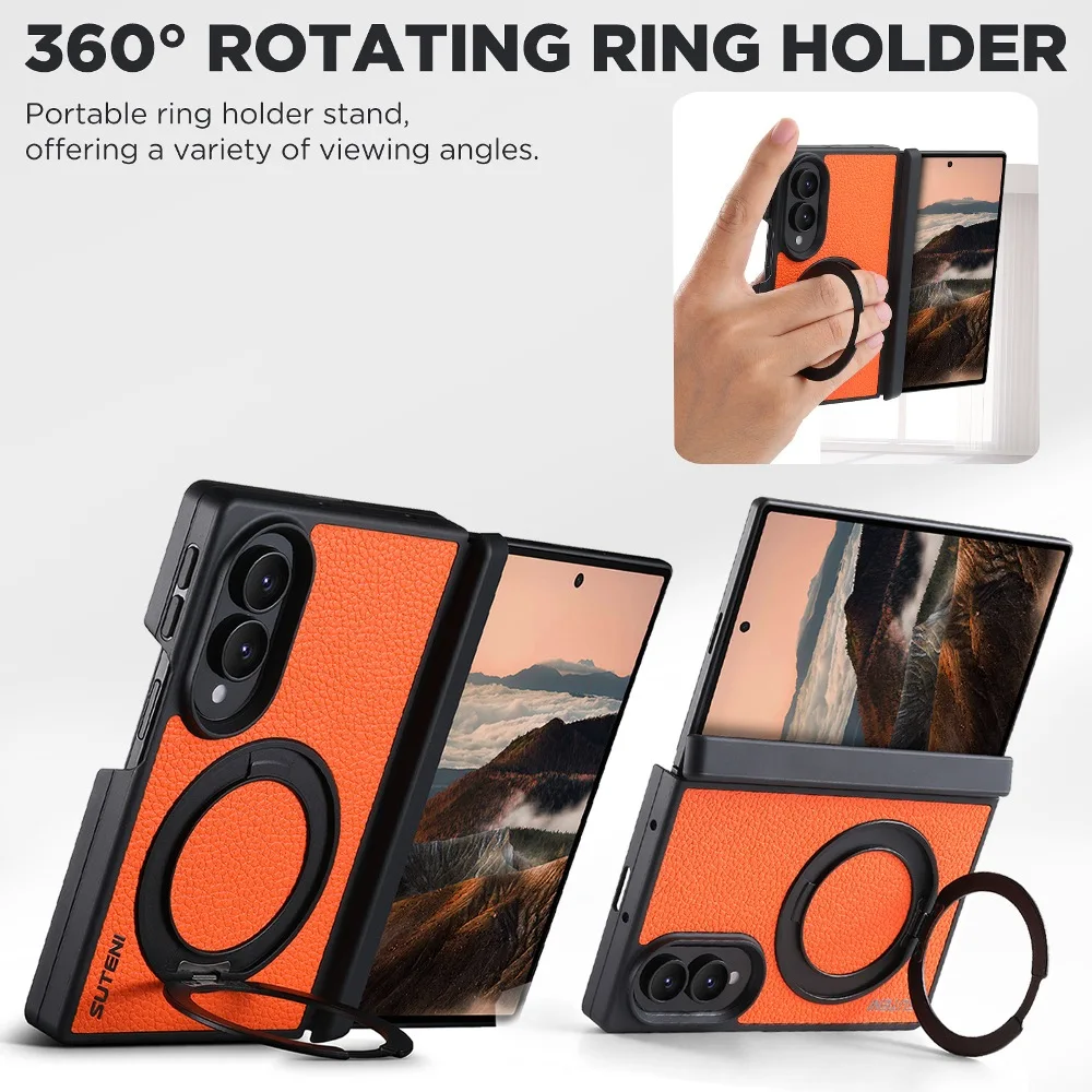 Retro Litchi Grain PU Leather Magnetic Phone Cover for Samsung Galaxy Z Fold 8 Ultra/Z Fold7 with Back 360° Rotatable Holder
