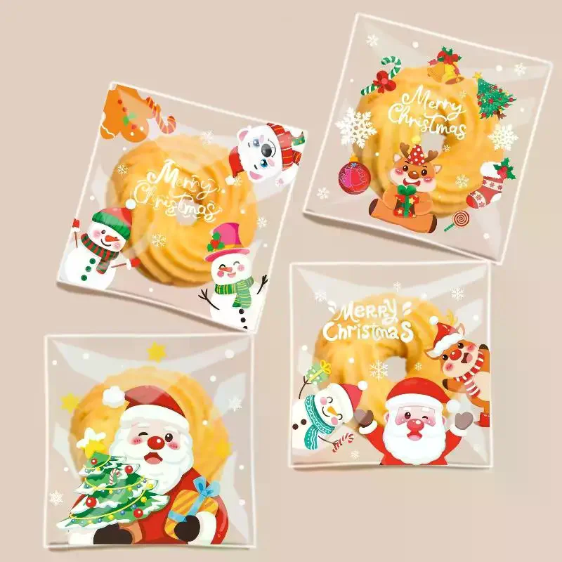 Christmas Cookie Bags 100Pcs Transparent Cartoon Santa Tree Patterns for Holiday Baking Packaging Party Gift Giving