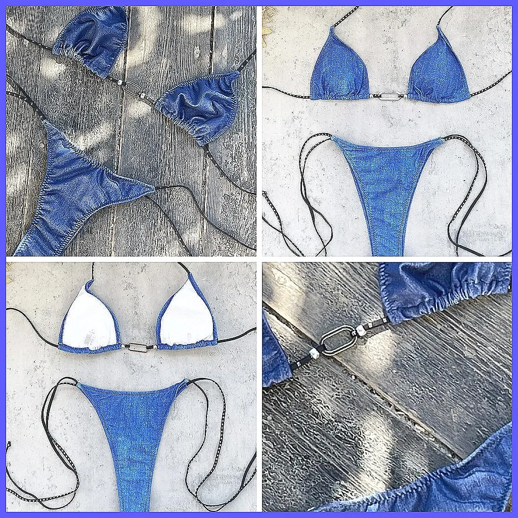 

Sexy Triangle Bikini Set 2025 with Metal Chain Push Up, Tie Side & Thong Swimsuit