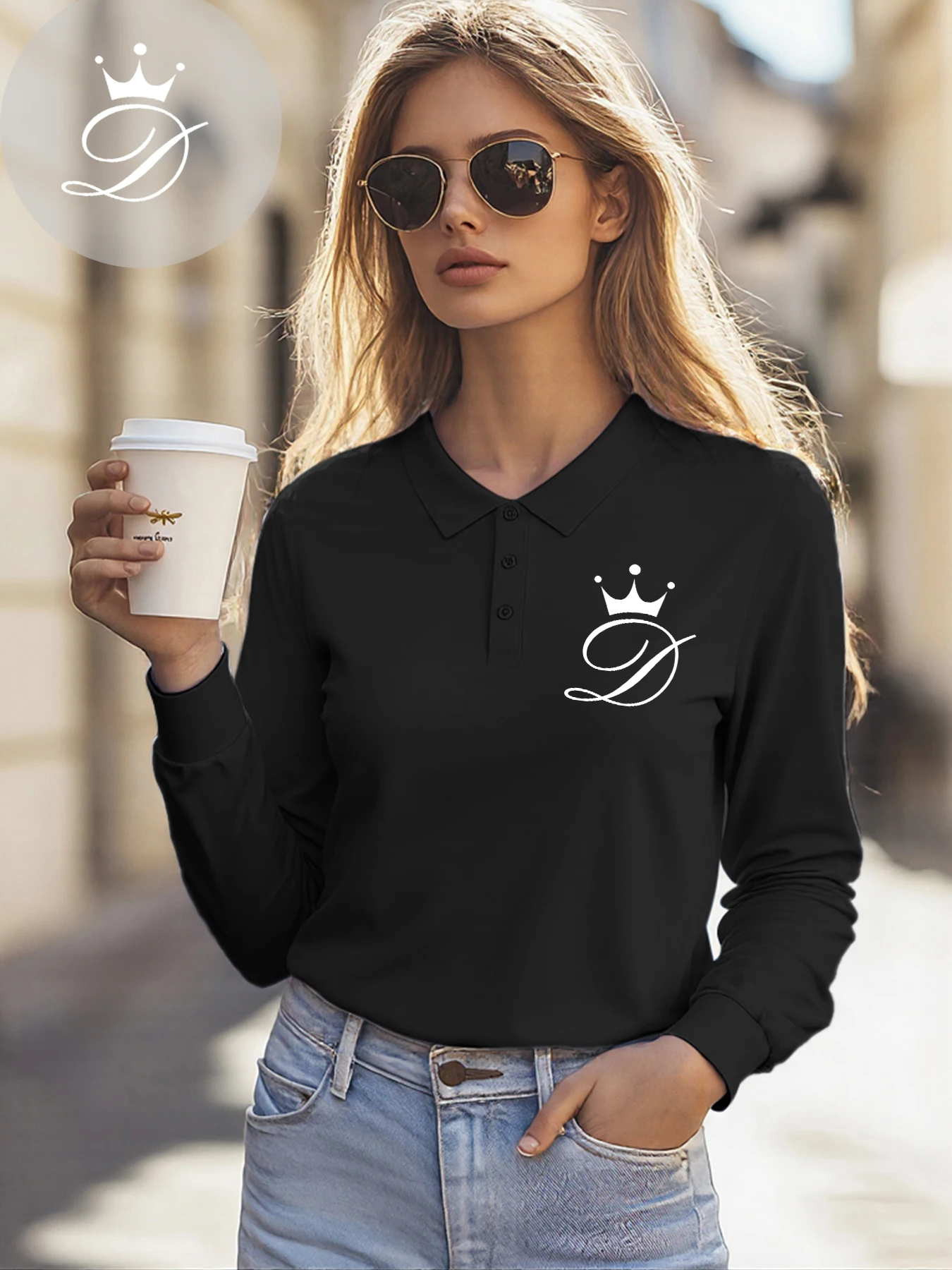 Crown Letter D Simple Print Poloshirt Damen Herbst Kragen T-Shirt Allgleiches Mehrfarbig Lange Ärmel Hip Hop Casual Streetwear