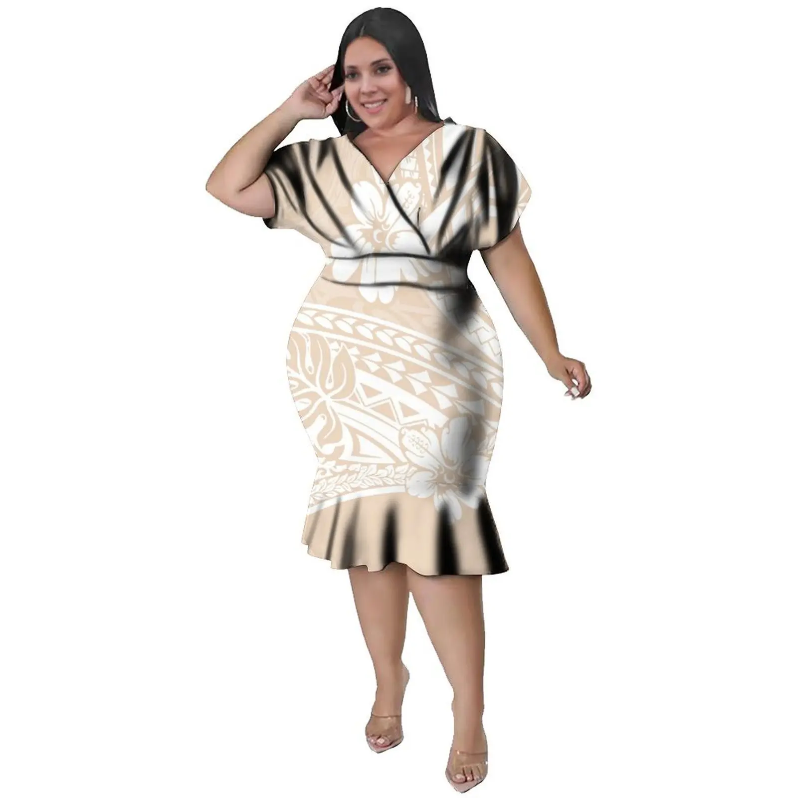 Polynesian Women'S Short-Sleeved Fitted Dres  Specialized Design Ankle-Length Dress Casual Clothing Customized Women'S Clothing