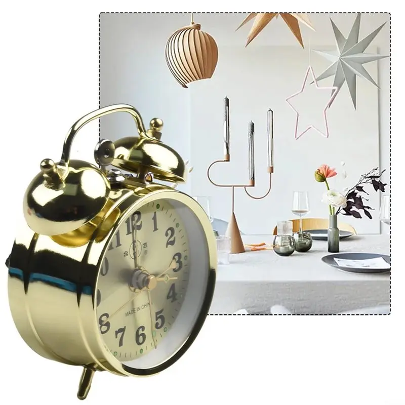 ABMH-Manual Wind Up Clock Home Decor Timepiece Gold Cute Table Clock