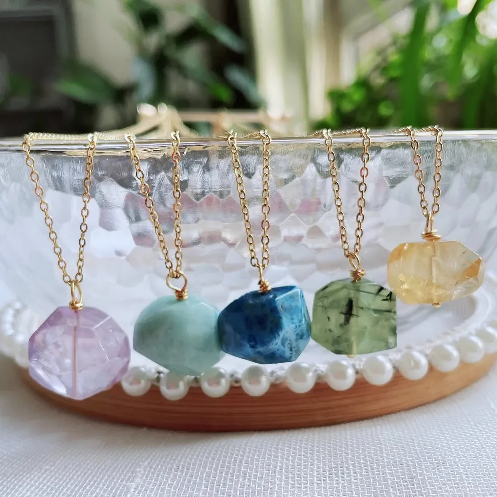 Healing Natural Crystal Stone Pendant Necklace Irregular Faceted Nugget Mineral Quartz Pendulum Citrines Purple Crystal Necklace