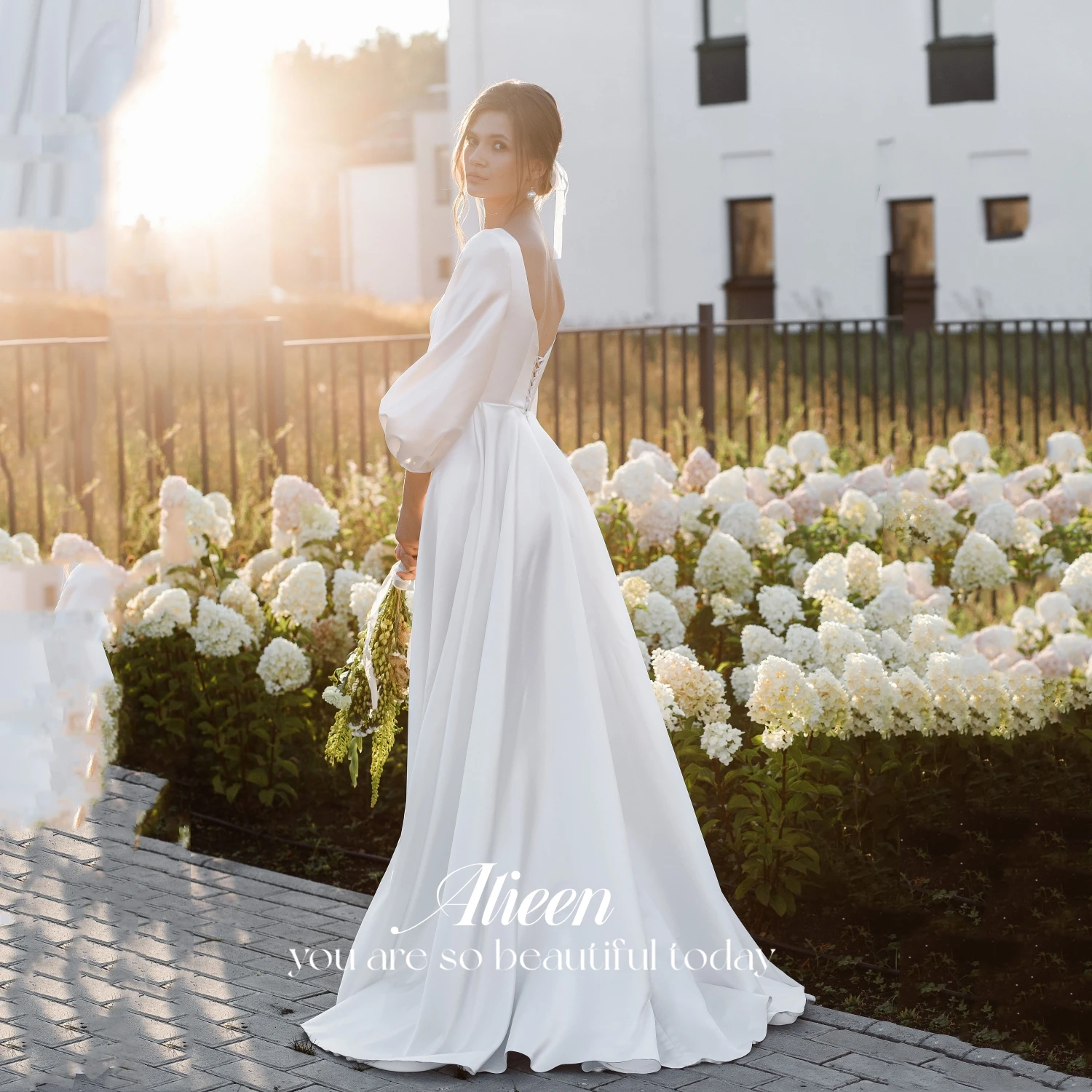 

Aileen Satin Gala Dresses Woman 2024 for Party Dresses for Prom Puff Sleeves White Line A Wedding Dress Elegant Gown Ball Gowns