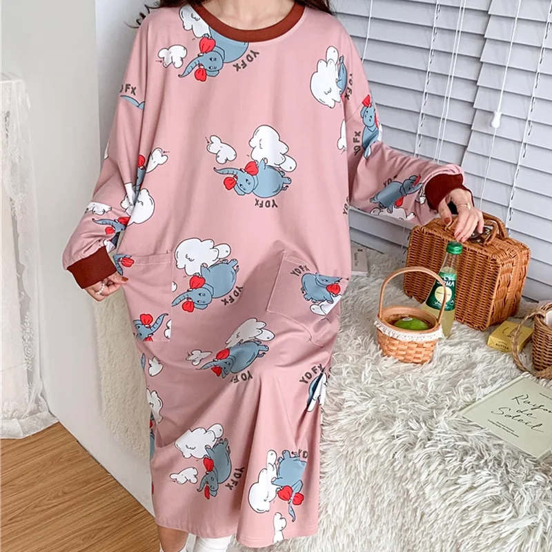 Autumn Nightdresses Women Sleepwear Long Sleeve Nightgown Cotton Animation Robe Loose Ladies Pajamas Women's Nightdress M-6XL