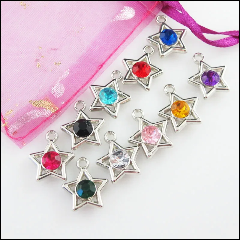 Fashion 30Pcs Mixed Crystal Dull Silver Plated Star Circle Charms Pendants 15x17mm