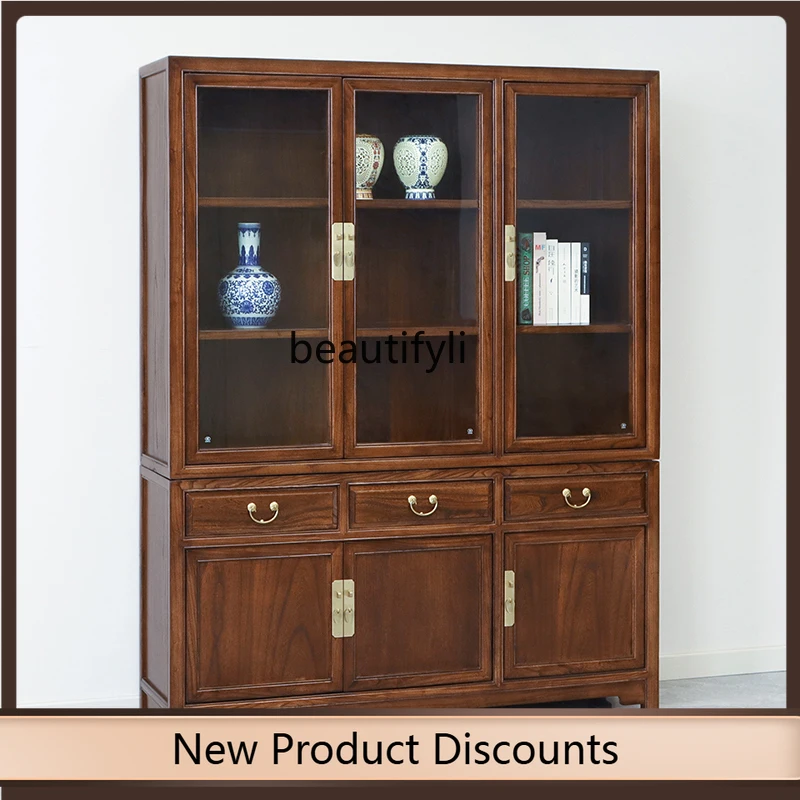 

f4567New Chinese solid wood antique glass cabinet study furniture living room display, elm, mortise and tenon structure bookcase