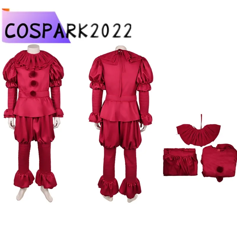 

Pennywise Cosplay Costume Horror Red Shirt Pants Scarf Adult Men Clown Disguise Outfits Halloween Roleplay Carnival Party Suit