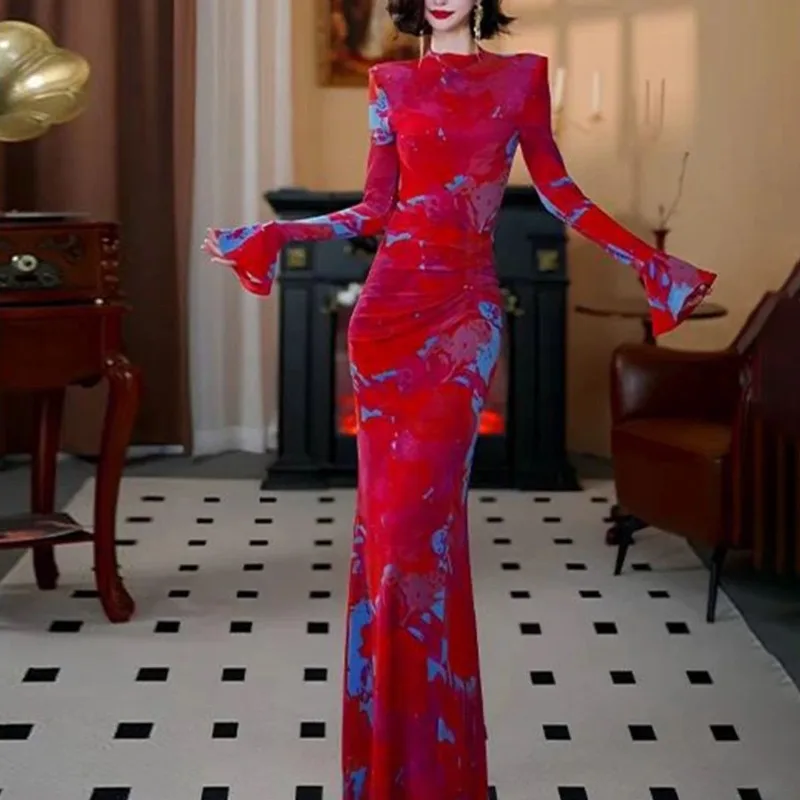 

Fleece and Thicker French Temperament, Super Good-looking Unique and Beautiful Skirt Red Printed Dress
