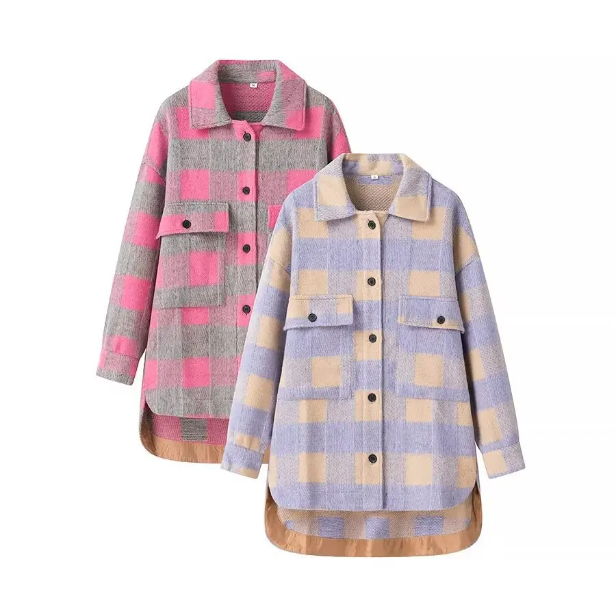 

SuperAen European and American Style Women's Pocket-decorated Plaid Pink Loose Woolen Coats 2026 Winter New Office Lady Coats