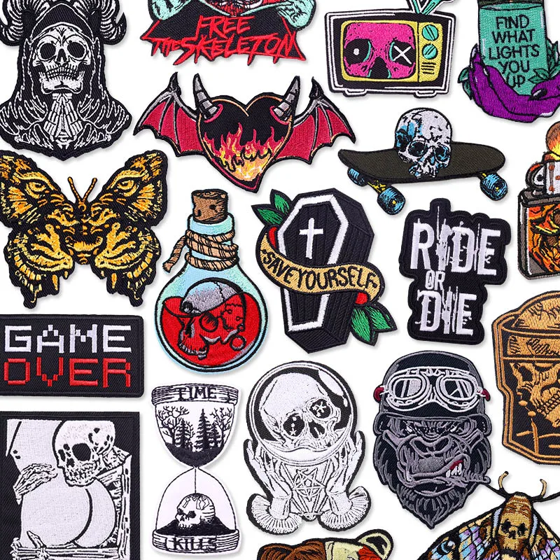 Punk Biker bestickte Aufnäher für Kleidung, Totenkopf-/Skelett-Patch, zum Aufbügeln auf Kleidung, zum Selbermachen, Nähen, zum Aufbügeln, zum Dekorieren von Abzeichen