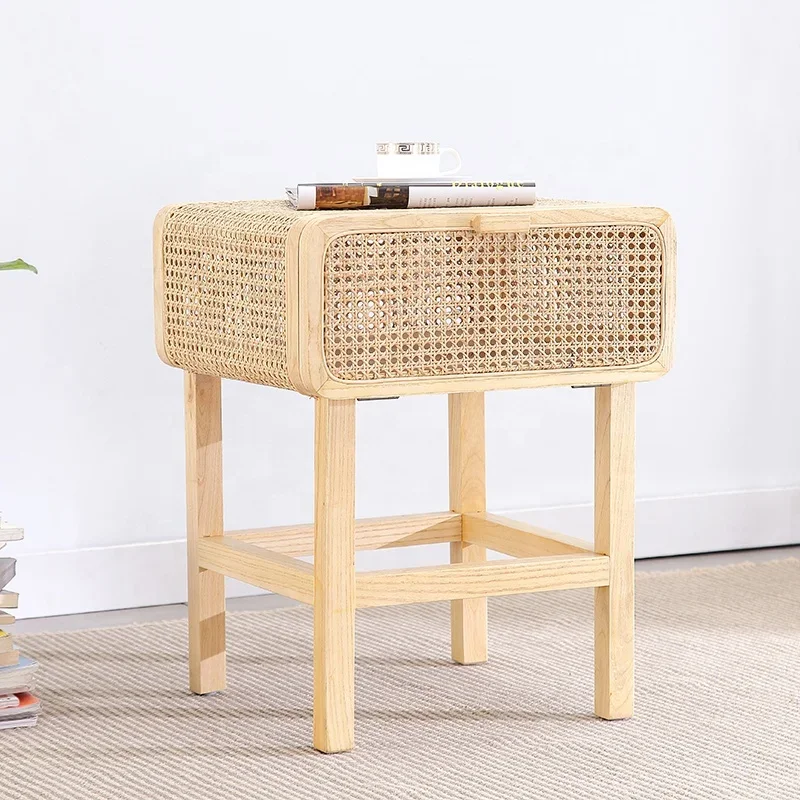 Natural Rattan Cane Wood Bedside Night Table