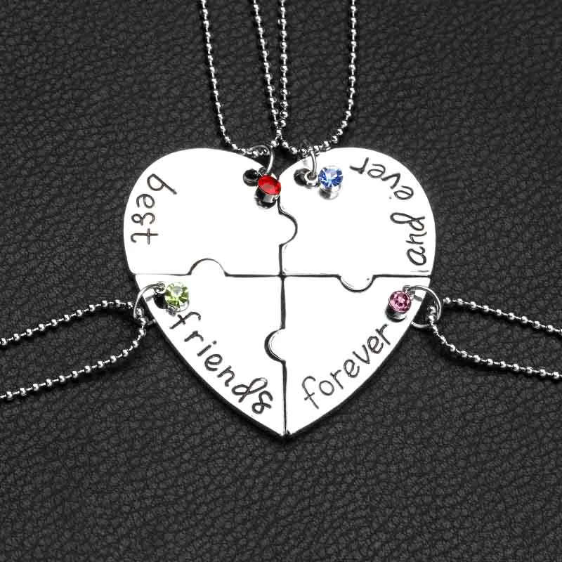 BFF 4 Pcs/Set Broken Heart Puzzle Pendant Best Friends Forever And Ever Necklace With Crystal Charm Titching For Friendship