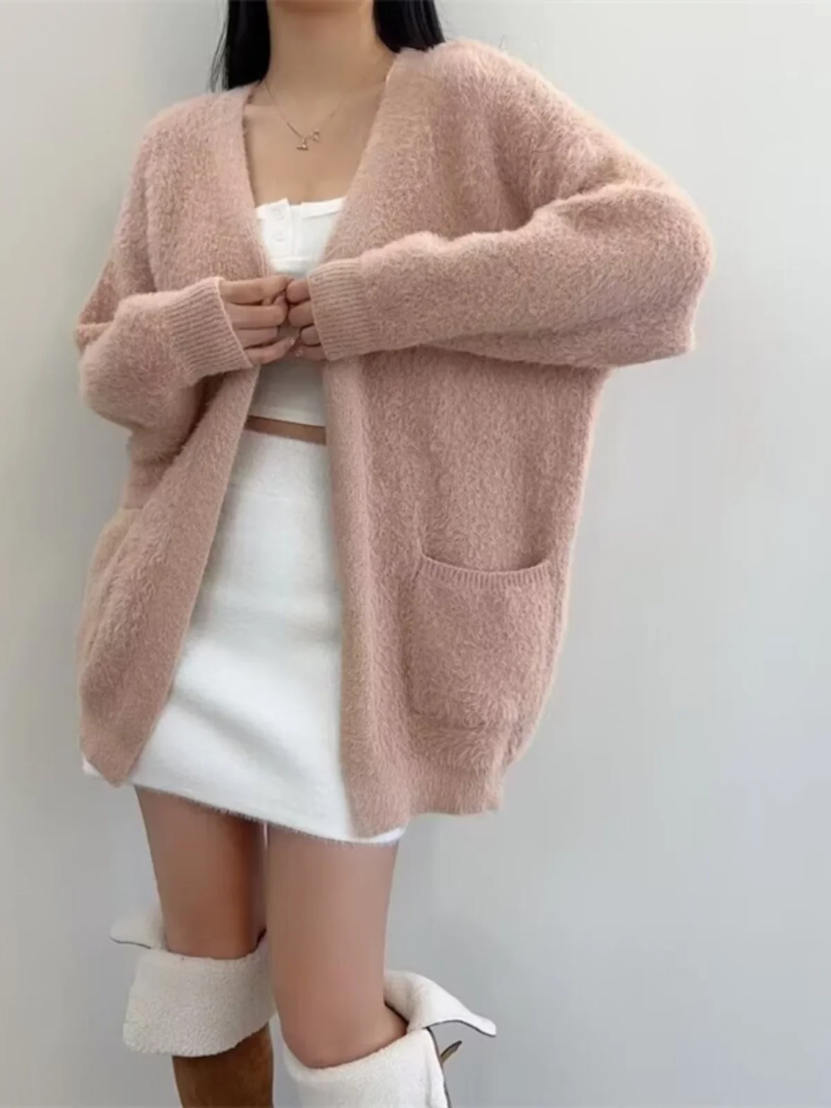 Macio aconchegante preguiçoso pele de vison malha aberta cardigan solto emagrecimento feminino longo sve v-ne camisola jaet inverno rua sle