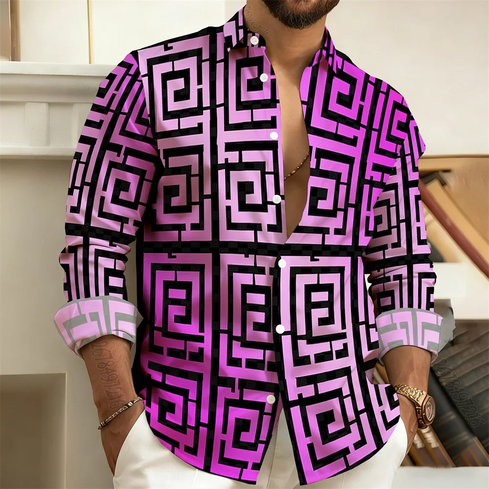 2026 New Men's Long-Sleeved Polo Shirt, Vintage Print Style with Greek Key Pattern, Elegant, Comfortable, and Stylish Men's Top