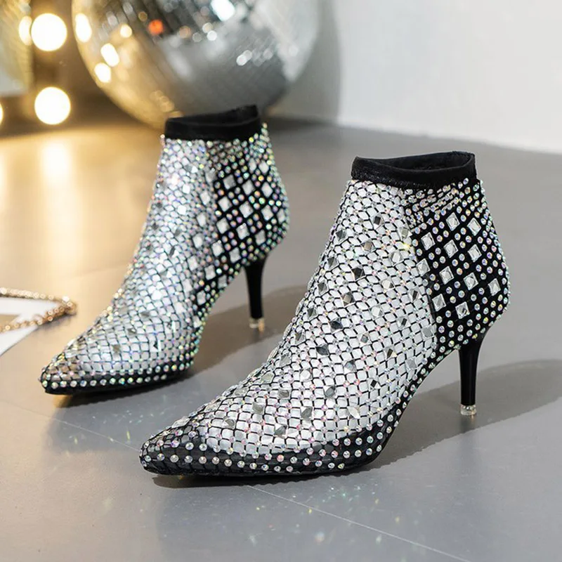 2025 Summer Mesh Sandals Boots Women Rhinestones Hollow Pointed Toe Shoes Woman Bling Stretch Socks Thin High Heels Ankle Boots