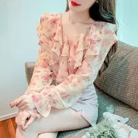 Green Flowers Soft Woman Top Chiffon Tunic 2025 Youthful Clothes Casual Youth Clothing Trend Elegant Shirts & Blouses for Women - Image 4