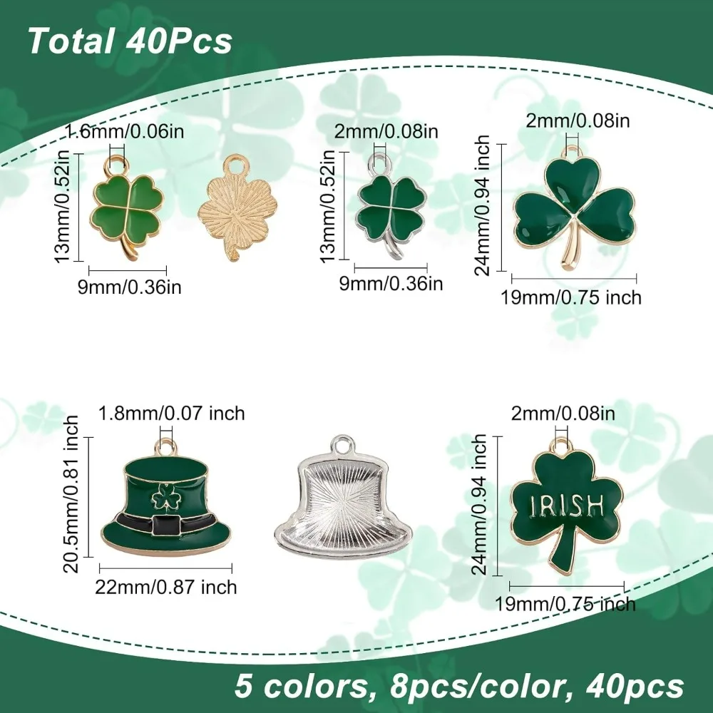 1 Box 40Pcs 8 Style Four Leaf Clover Charm St. Patrick's Day Enamel Lucky 4 Leaf Clover Charms Hat Irish Shamrock Green Charms