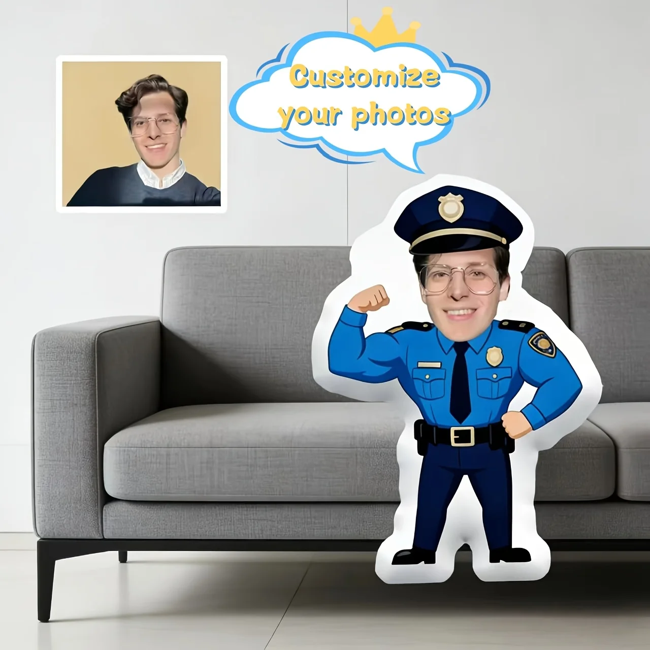 Customize a Blue Police-themed Pillow with Your Own Photo or Someone Else's Image. It's the Perfect Gift for Friends, Family, Lo