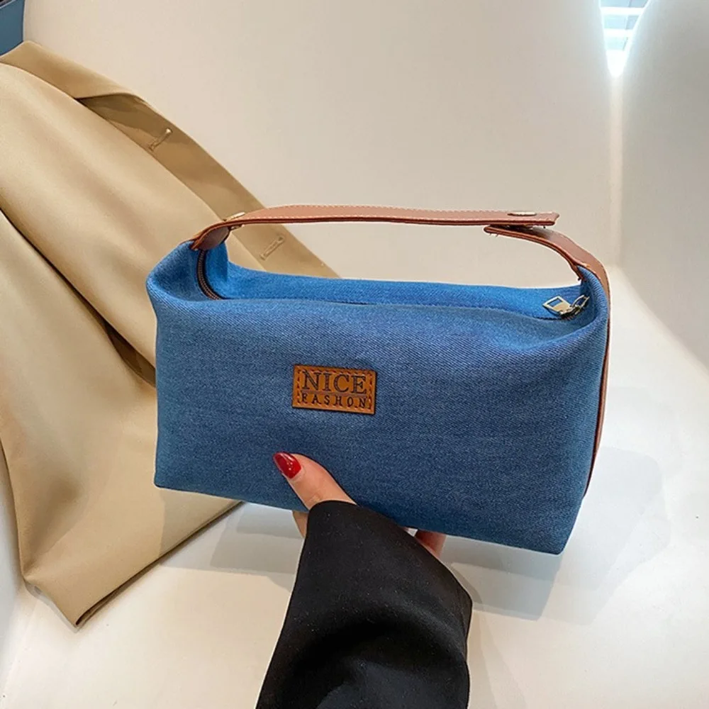 Kosmetiktasche mit großem Fassungsvermögen und Griff, Retro-blauer Reisewaschbeutel, Beauty-Case, tragbare Make-up-Aufbewahrungstasche für Männer und Frauen