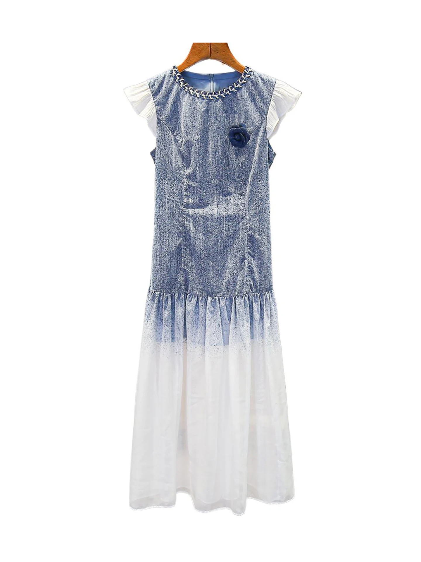 Di fascia alta Estate Rosa Stampa floreale Chiffon Denim Dr Ele Sle Pendolarismo Gonna longuette a vita alta Cerniera Ba Chiusura A-Line...