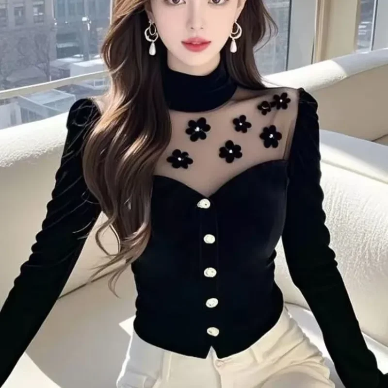 

Beautiful Velvet Mesh Splicing Bottoming Top with Slim Fit Design Temperament and Versatile