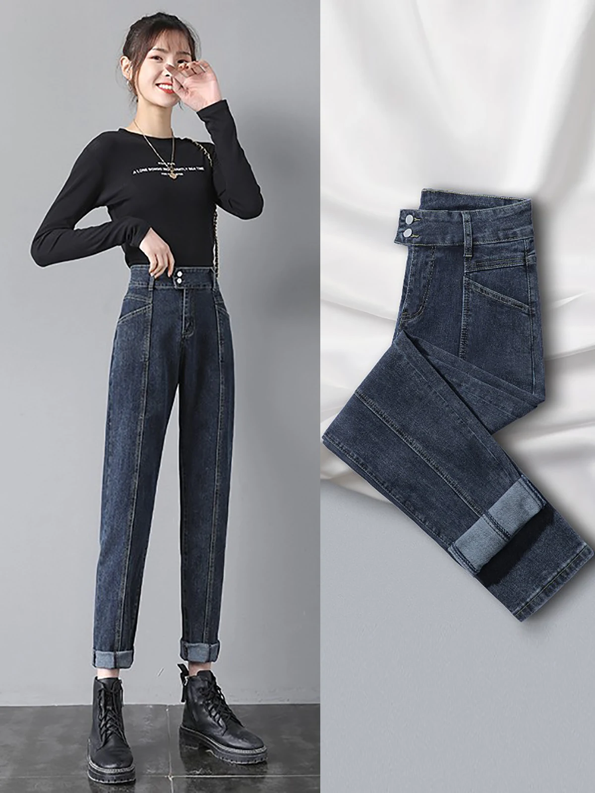 

High Waist Fce Lined Straight Leg Jeans Women's Spring Autumn New Sle Slimming Loose plus Size Dad Pants