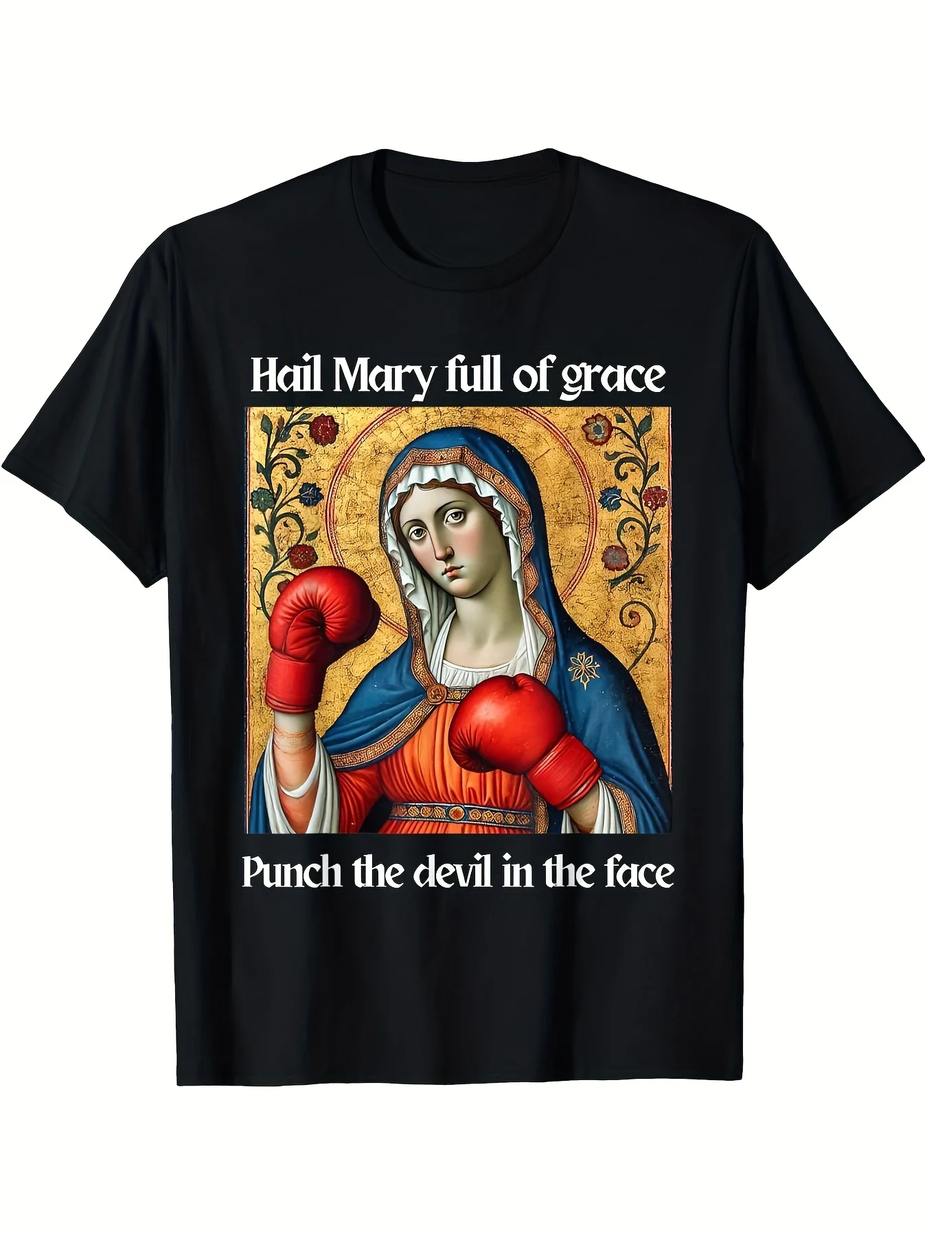 2026 Men's 'Our Lady of Mary Striking The Devil' Graphic Tee - Black Religious Boxing Art Short Sleeve, Breathable Crew Neck, Re