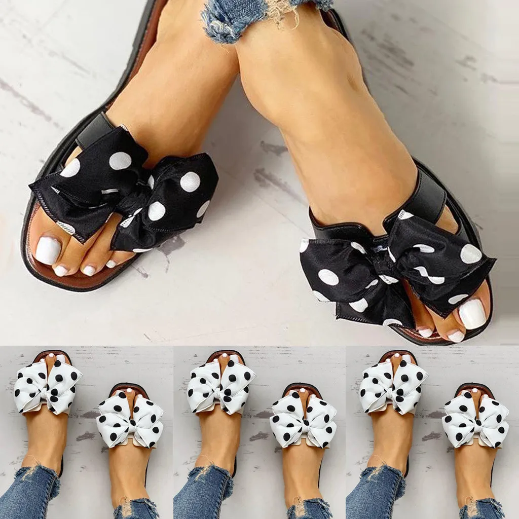 Women Slippers Summer Wave Dot Bow Knot Square Toe Slippers Indoor And Outdoor Wear Beach Fashionable Comfortable Sandals