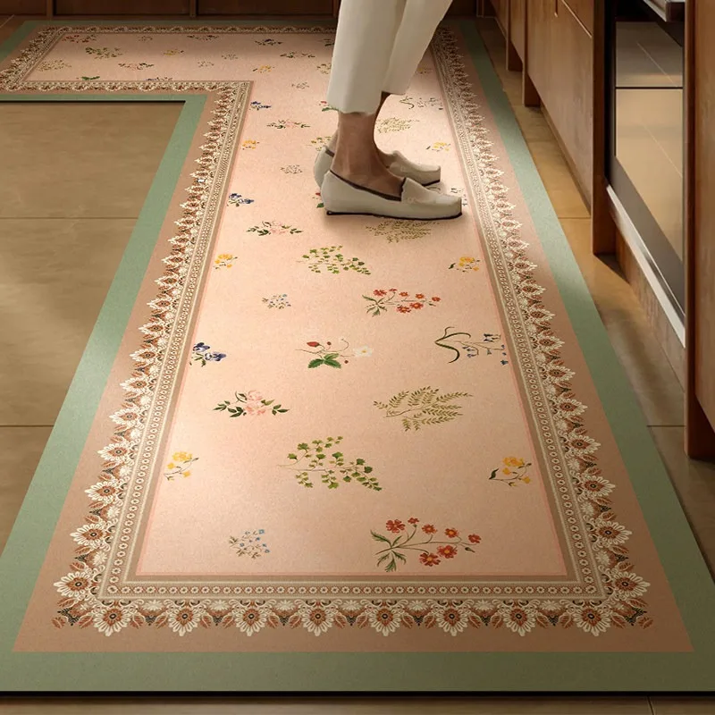 American Floral Kitchen Mat Non-slip Carpet L-shaped Rug PVC Leather Washable Floor Mats Oil-proof Waterproof Rugs 카펫 שטיח למטבח