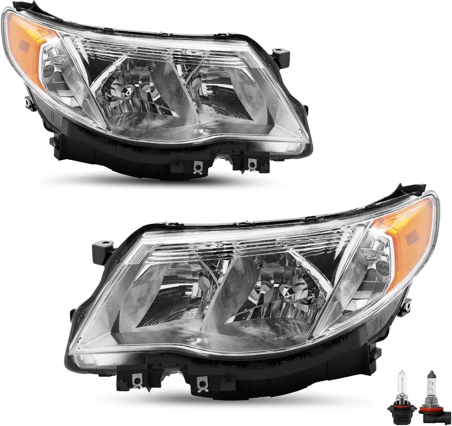 

Фара в сборе подходит для замены фар Subaru Forester 09 10 11 12 13 с лампочками, хромированный корпус с янтарным отражателем