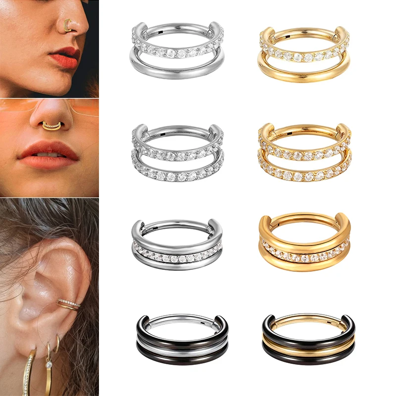 

1PC G23 Titanium Piercing Jewelry Clicker Nose Ring Double Layered CZ Implant Grade Hinged Daith Earrings Cartilage Helix Conch