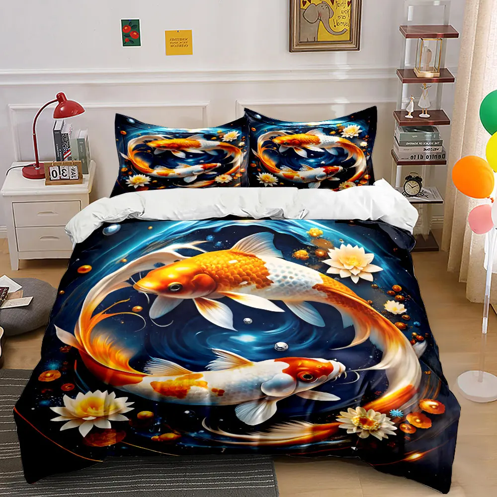 Koi Fish Encircle Lotus and Stars Bedding Set for Kids Luxury Gift 3pcs Digital Print Comforter Set Soft Comfortable Breathable