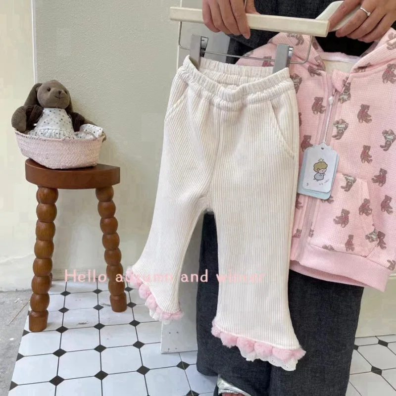 Autumn and Winter Trendy Girls Fleece-Lined Pants Children Baby Solid Color Rib Fabric Lace Bell-Bottom Pants Thick Warm Pants