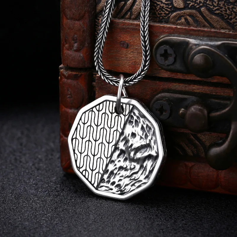 S925 Sterling Silver Abstract Pendant Black Color Old Process Water And Mountain Relief Design Unisex Fine Jewelry FYNE368