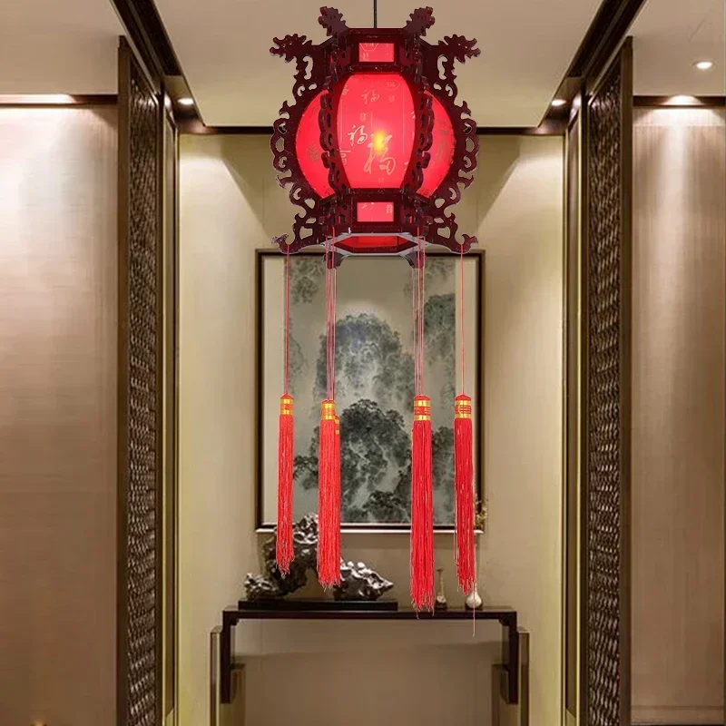 Chinese Antique Hexagonal Pendant Lamp, Solid Wood Palace Lantern, Retro Red Chandelier for Restaurant Hotel Tea Room, Tradition