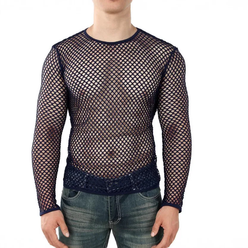 Party Fashion Hollow Out Basic T Shirts Mens Sexy Hollow Out See Through Mesh T-shirt Men Spring Vintage Slim Fit Elastic Tees