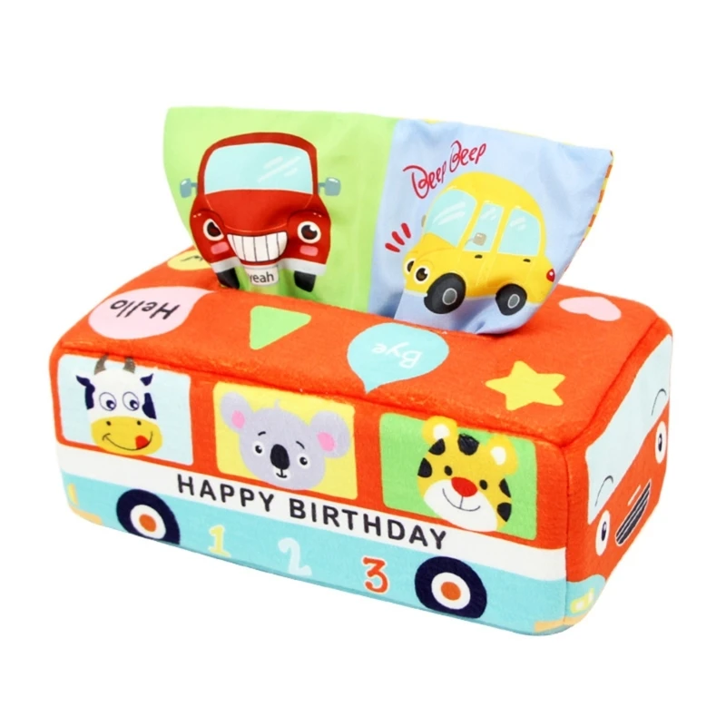 Y1UB Tissue Box Babies Sensory Montessori Toy with Crinkle Paper & Rainbow Scarves