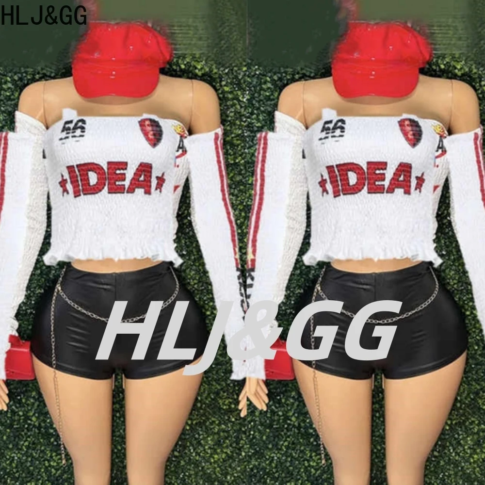 

HLJ&GG Fashion Y2K Letter Ruched Off Shoulder Two Piece Sets Women Long Sleeve Slim Crop Top And Shorts Outfit Female Streetwear