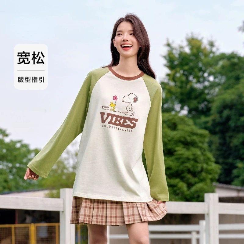 Snoopy series long-sleeved T-shirt women's mid-length raglan sleeves loose autumn new fashion trend top birthday gift wholesale