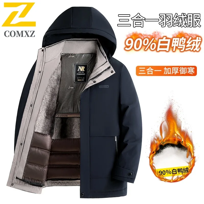 COMXZ Mens Down Jacket Classic Hooded Detachable Inner Layer Lightweight Parka Fashion Travel Windproof Warm Autumn Winter Coat