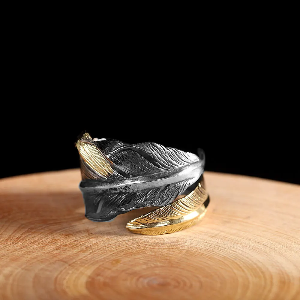 Uglyless Neutral Designer Curved Leaf Feather Open Rings for Women Men Cool Wide Rings Solid Real 925 Silver Fine Jewelry R1041