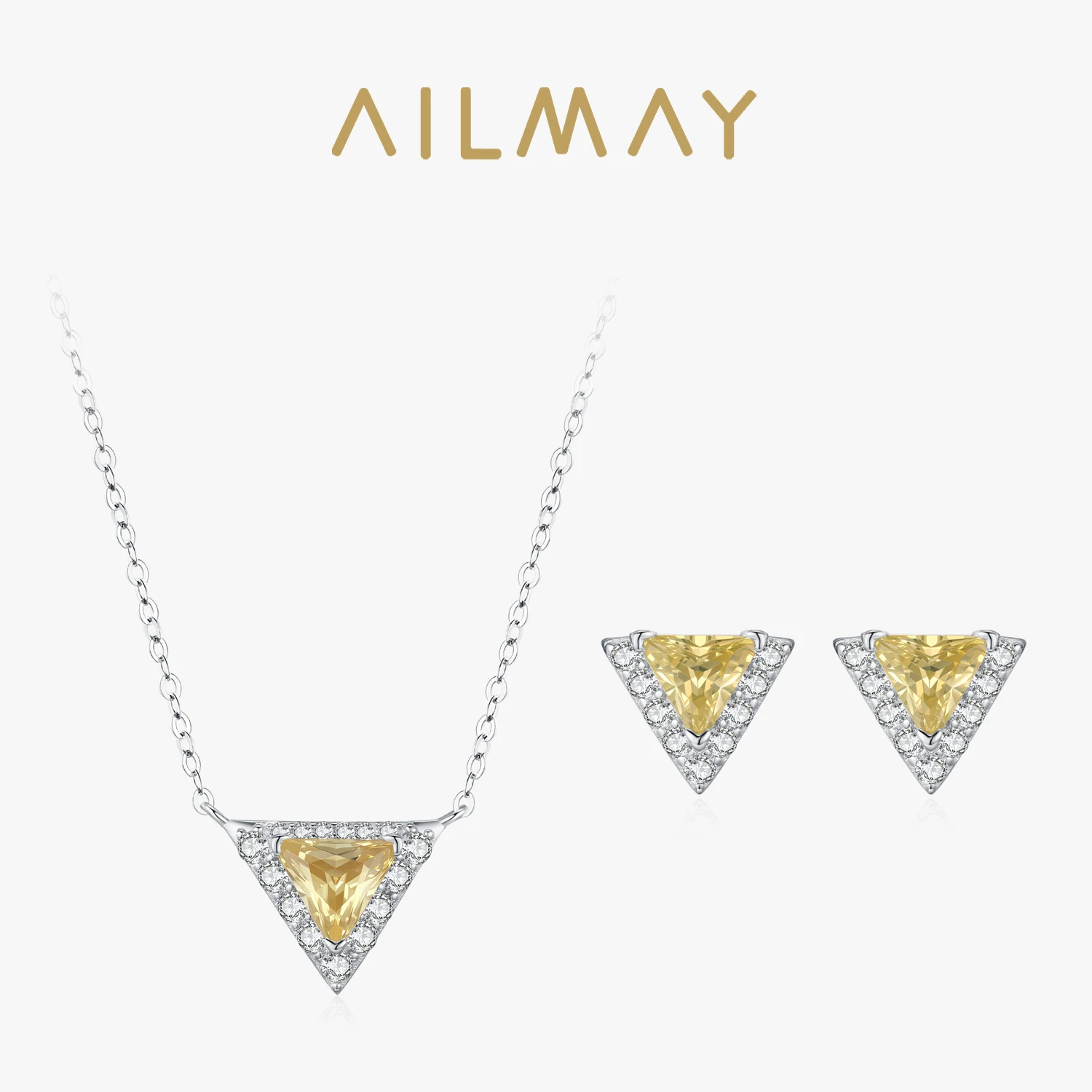 

Ailmay стерлингового серебра 925 пробы, простые золотисто-желтые цирконовые треугольные серьги, ожерелье для женщин, свадебный роскошный комплект ювелирных изделий