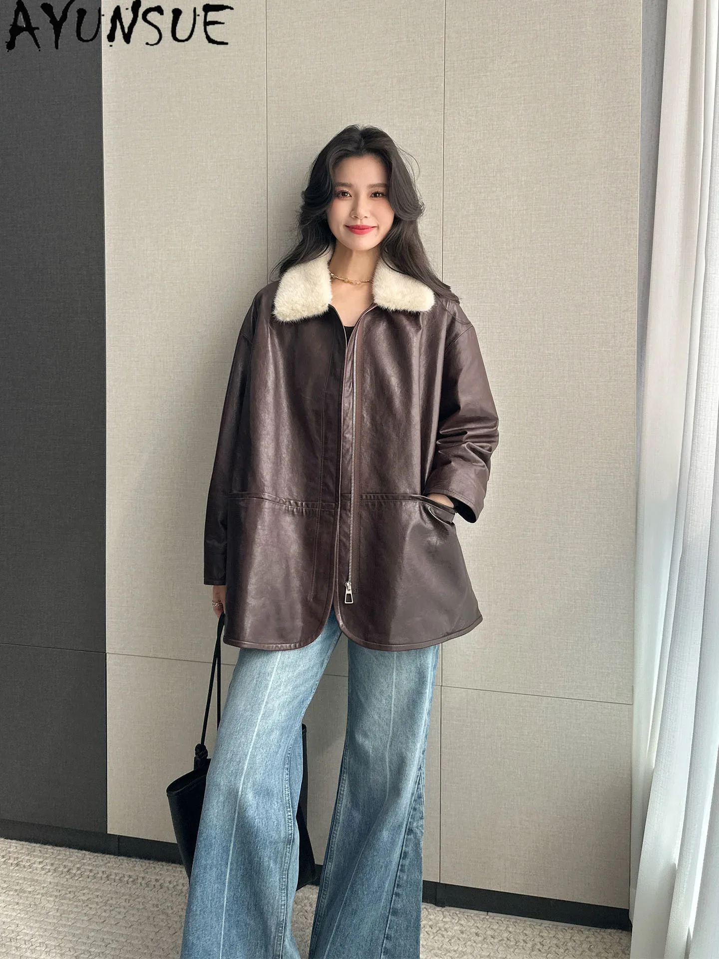 AYUSNUE 100% Sheepskin Real Leather Jacket Women Natural Mink Fur Collar 90% White Goose Down Woman Coats Mid-length Loose Fit