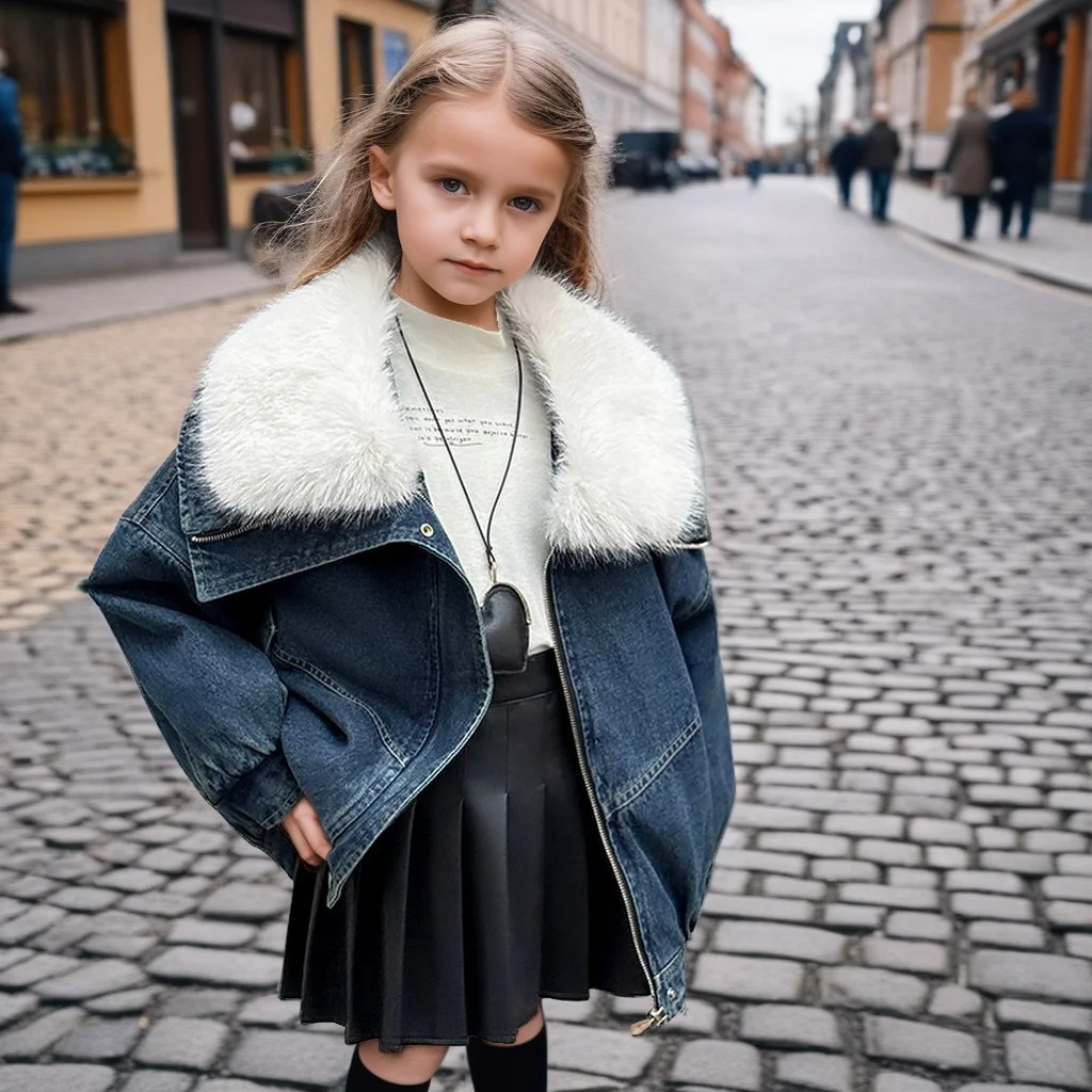 

Teen Girls Denim Jacket 2025 Winter Big Fur Collar Thickened Warm Coat Plush Lined Kids Parkas Fashion All-match Loose Outerwear