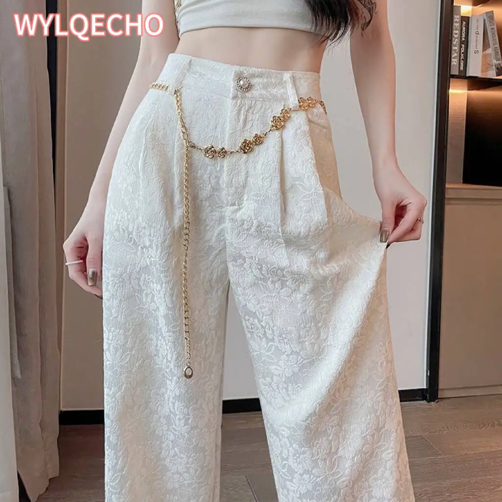 Flower Pants Lace Up Cool Pants Korean Style Y2k Pants New  Straight Loose Pants Women Summer Wear a Belt High Waist Trousers