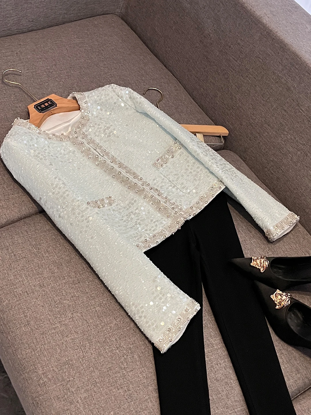 

Ele ort Повседневная женская куртка New Faion Высококачественный сенсорный дизайн со стразами Открытый кардиган Офисная одежда круглый Ne Lon...