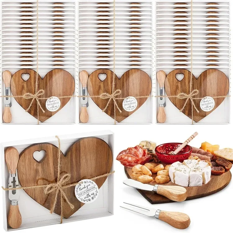 50 Set Bridal Shower Favor Heart Cheese Board Cheese Knives Wood Mini Charcuterie Board Thank You Gift Box for Guest Bridal