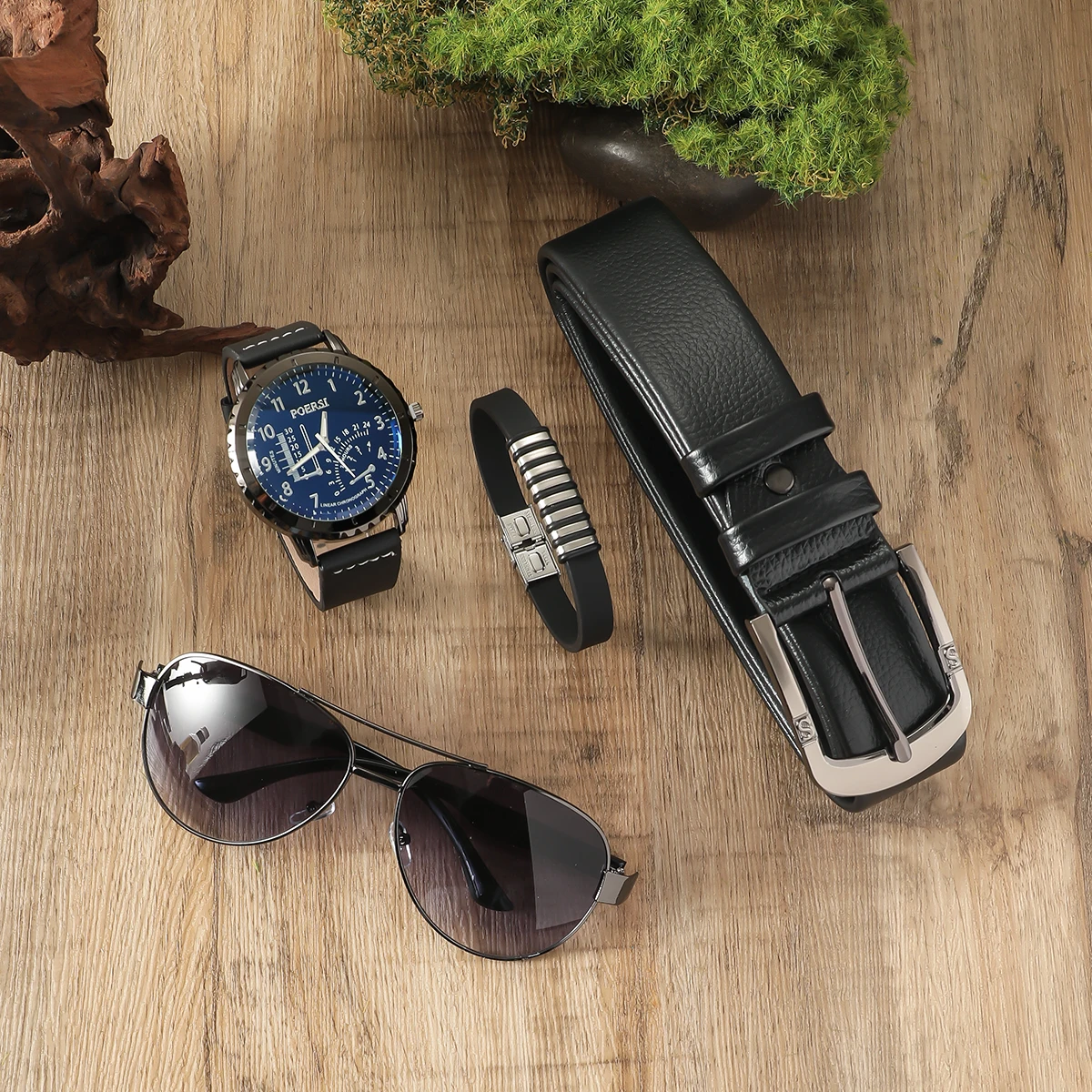 جديد رقمي كبير الطلب حزام الساعة النظارات الشمسية محفظة سوار من الجلد 5 قطع هدية مربع #3