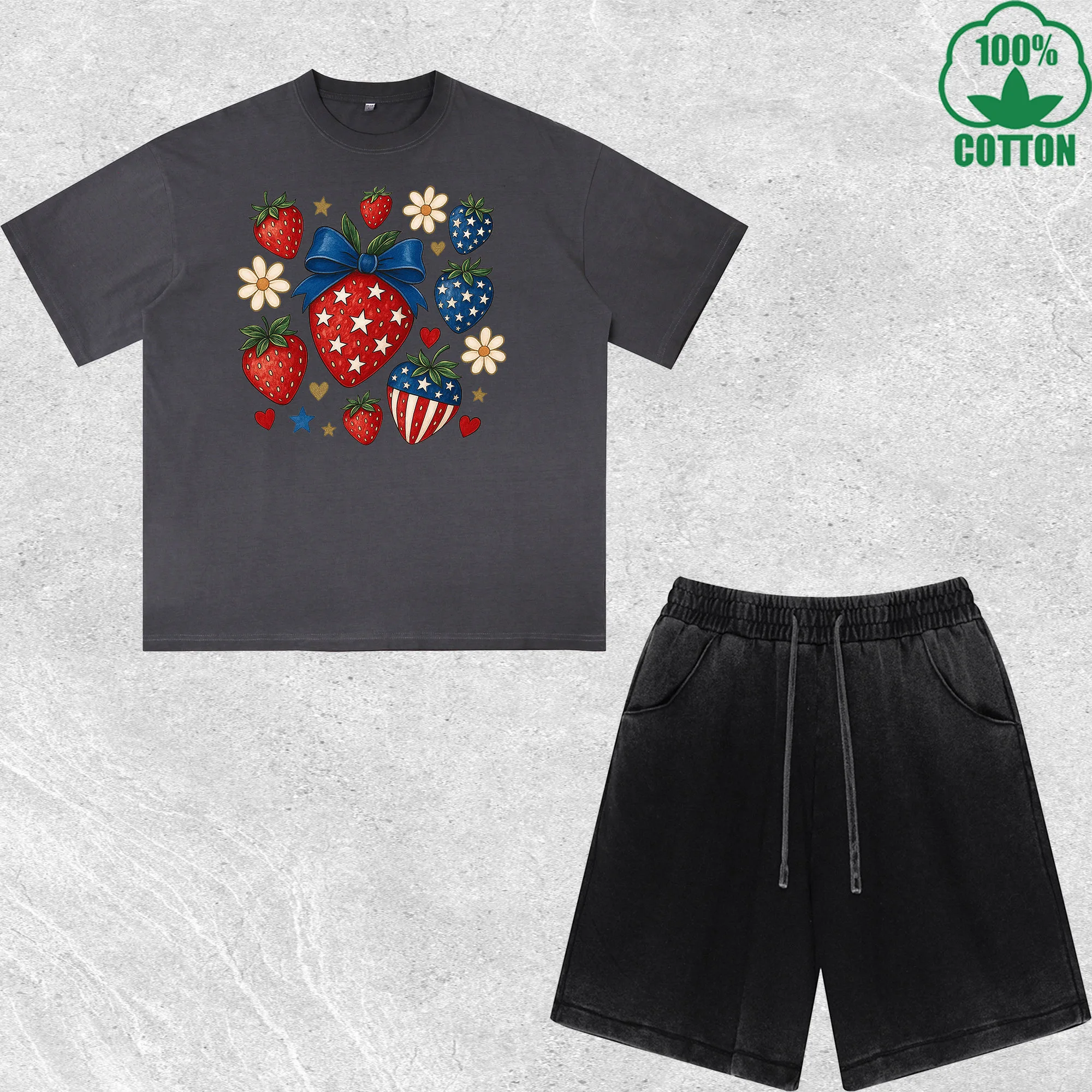 

Independence Strawberry Printed Dirty Wash T-Shirt Shorts Set Multicolor Combo Loose Trendy 100%Cotton